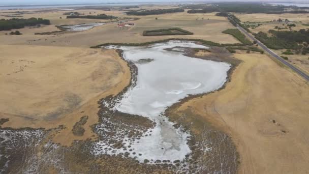 Imágenes Aéreas Gran Embalse Agua Agrícola Gravemente Afectado Por Sequía — Vídeos de Stock