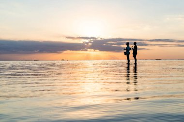 Gün batımında sahilde bir çiftin silueti. 