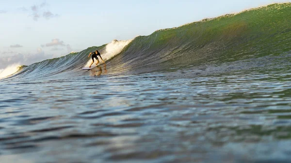 Young Man Swimming Surfing Board Ocean Bali Indonesia — Stock Photo, Image