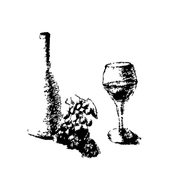 Bouteille Vin Raisin Verre Vin Crayon Nature Morte Ensemble Romantique — Image vectorielle