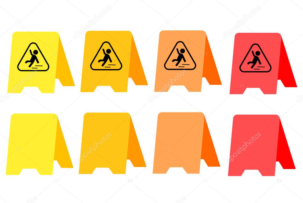 Caution wet floor. Yellow plate, orange plate, red plate.