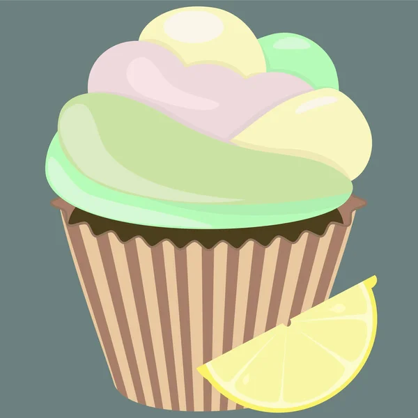 现实的纸杯蛋糕甜奶油甜点与柠檬、美味的甜点和烘焙松饼. — 图库矢量图片