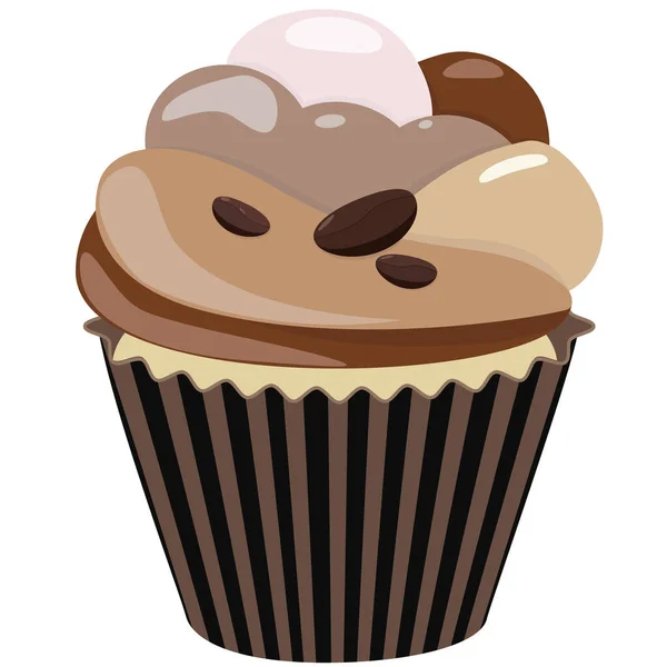 现实的纸杯蛋糕甜奶油甜点与咖啡豆，美味的甜点和烘焙松饼. — 图库矢量图片