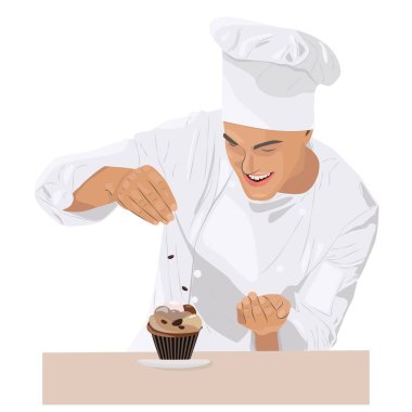 Gülümseyen ve mutlu şef kahve tadında kek pişiriyor.