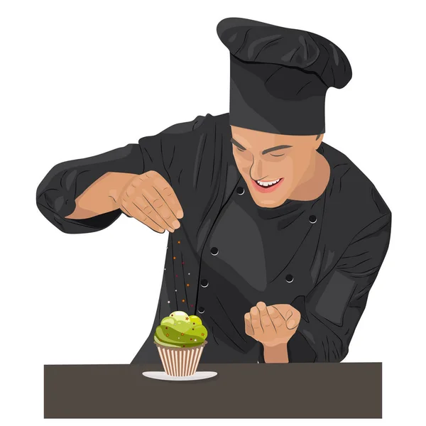 Chef Souriant Heureux Cuisine Cupcake — Image vectorielle