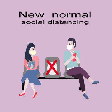 Kadınlar kitap okuyor ve erkekler cep telefonu tutuyor. Sosyal uzaklık için yeni normal bir mesafede oturuyorlar..