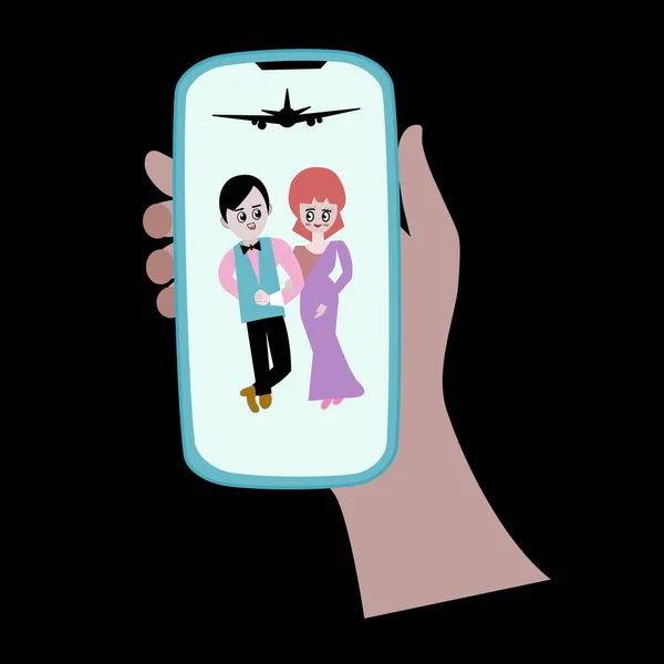 Mão Está Segurando Telefone Com Foto Lindo Casal Avião Céu —  Vetores de Stock