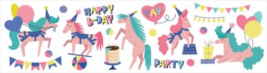Bir dizi doğum günü atı karakteri. Beyaz arka planda parti objeleriyle izole edilmiş komik karikatür kısrakları. Mutlu yıllar düz el çizim vektörü. El yazısı harfleri. Bebek partisi davetiyesi, doğum günü tebrik kartı ve bebek odası tasarımı..