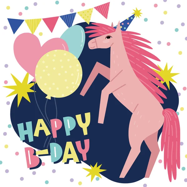 Szczęśliwego Day Życzy Wzór Karty Wektorowej Cute Postać Konia Balonami — Wektor stockowy
