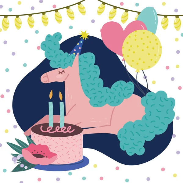 派对马卡通人物平面矢量贺卡模板与气球 节日蛋糕 花束和意大利面 — 图库矢量图片