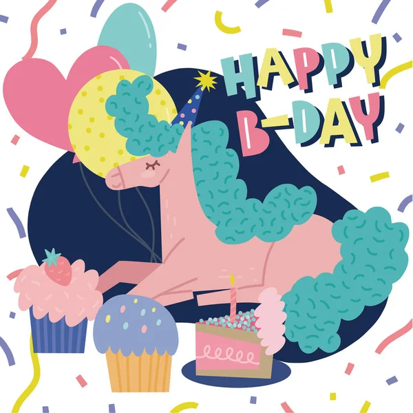 Happy Day Tipografia Cartone Animato Con Simpatico Personaggio Cavallo Rosa — Vettoriale Stock