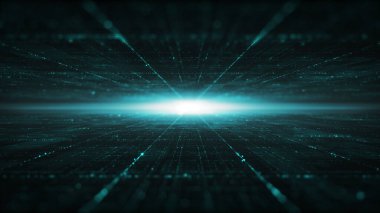 Soyut dijital siber uzay parçacıkları perspektif zemin tabanı ve işaret fişeği matris arka planı. Geleceğin büyük veri bilgi teknolojisi kavramı