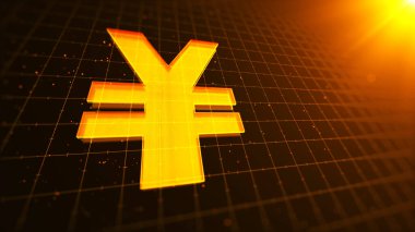 Japon yen para birimi sembolü perspektif ızgarasında parçacıklar parlıyor. İş Bankası Finans Teknolojisi Konsepti.