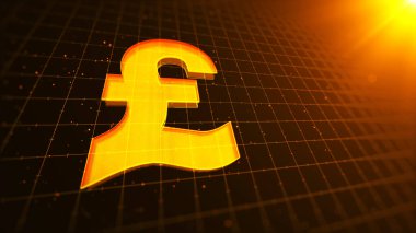 Perspektif ızgarasında parçacıklar parlayan İngiliz pound para birimi sembolü. İş Bankası Finans Teknolojisi Konsepti.