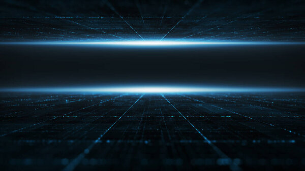 Abstract Digital cyber space particles perspective grid floor ground with flare matrix background. Futuristic big data information technology concept