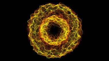 Enerji çemberi parçacıkları siyah arkaplanda izole edilmiş fütüristik parlak soyut dalgalar oluştururlar.