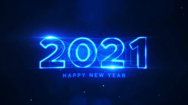 Šťastný Nový Rok 2021 Modré Neonové Částice Bokeh Pozadí Nový — Stock fotografie