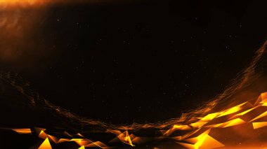 Güzel Altın Çokgen yüzeyi soyut arkaplan parçacıkları ile plexus zeminini şekillendirir.