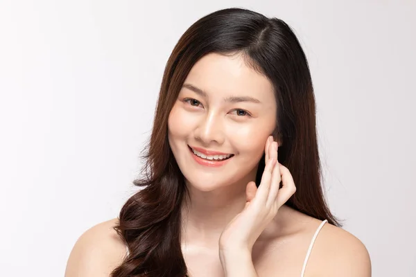 Mooie Aziatische Jonge Vrouw Aanraken Zachte Wang Glimlach Met Schone — Stockfoto