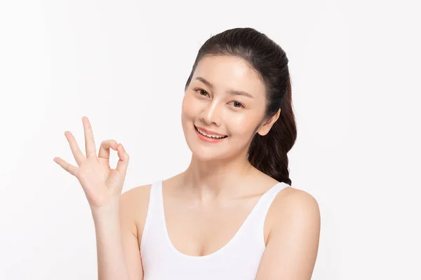 Beautiful Attractive Asian Young Woman Smile Making Okay Sign Feeling — Stock Photo, Image