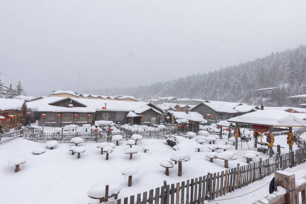 Beautiful village Scenery of China snow Town Dream Home in the Shuangfeng Wood Farm in Hailin City Heilongjiang Province,Beautiful landmark in Harbin China