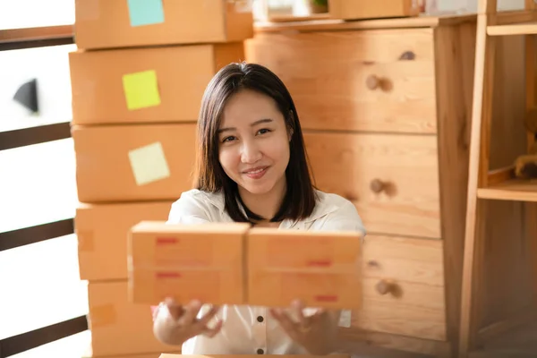 Pengusaha Wanita Asia Muda Bekerja Dengan Laptop Untuk Belanja Online — Stok Foto