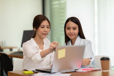 İki genç iş kadını...... fikir ve pazarlama elde etmek için birlikte çalışan...... Startup iş kadını...... beyin fırtınası konsepti.