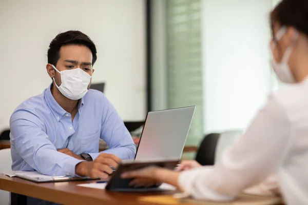 Business Man Woman Wearing Face Mask Meeting Working Together Discussion Stock Photo