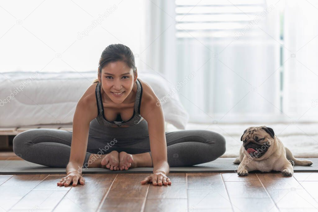 Healthy Asian woman practice yoga with dog pug breed enjoy and relax with yoga in bedroom,Recreation with Dog Concept