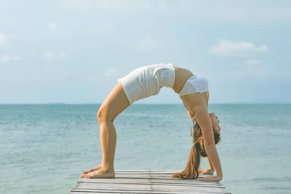 Healthy Asian Woman Relaxing Yoga Bridge Pose Meditation Summer Vacation — Stock Photo, Image