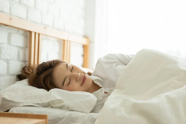 Beautiful Attractive Asian Woman Sleep Sweet Dream Bed Bedroom Morning — Stock Photo, Image