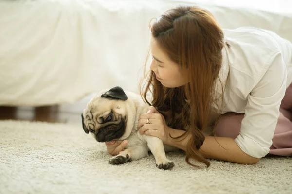 Beautiful Asian Young Woman Playing Her Pet Smile Dog Pug — стоковое фото