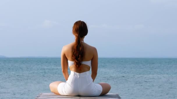 Voltar Pontos Vista Mulher Prática Ioga Lótus Posar Para Meditação — Vídeo de Stock