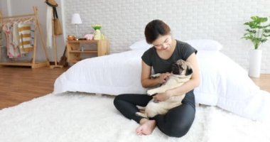 Güzel Asyalı genç bir kadın köpeğiyle oynuyor ve köpek pug cinsiyle gülümsüyor. Yatak odasında komik ve ciddi bir yüze bakıyor. Mutluluk ve rahatlama hissediyor.