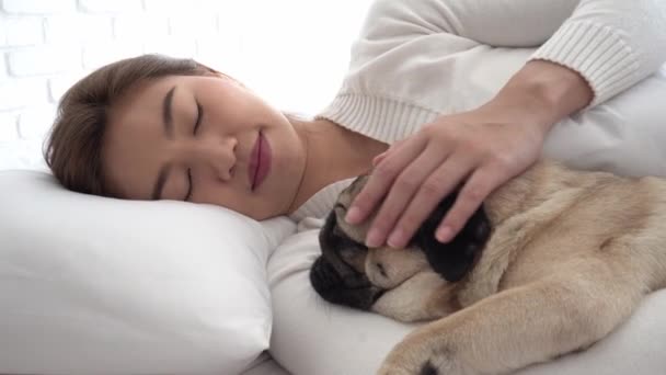 Wanita Tidur Dengan Anjing Pug Berkembang Biak Tempat Tidur Kamar — Stok Video