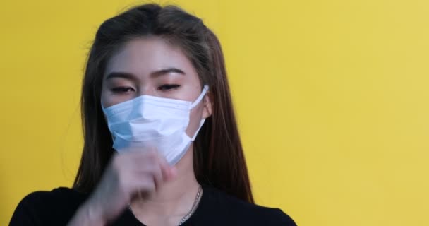 Woman Waring Protection Mask Coronavirus Air Pollution Coughing Sickness Isolated — Stock Video