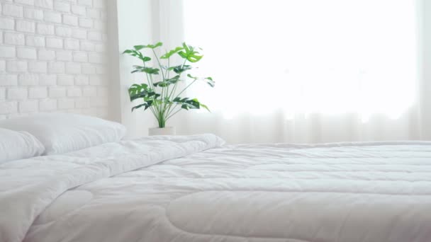 有白色枕头和毛毯的床 早上卧室有自然光 床和舒适的卧室概念 — 图库视频影像