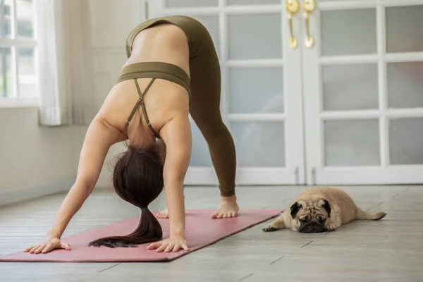 요가를 여성들이 있습니다 키우고 Adho Mukha Svanasana 집에서 요가를 즐기며 — 스톡 사진