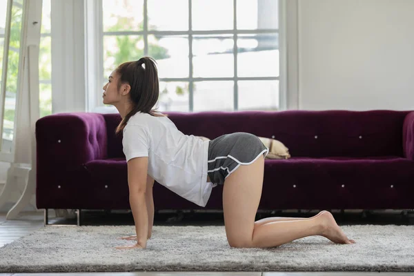 Atletische Aziatische Vrouw Oefenen Yoga Cat Cow Poseren Meditatie Thuis — Stockfoto