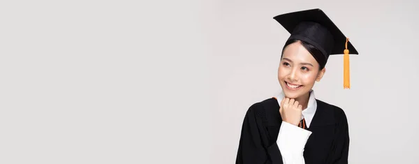 Beautiful Attractive Asian Woman Graduated Cap Gown Smile Proud Happiness — Stock Photo, Image