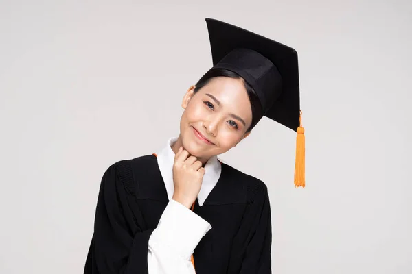 Beautiful Attractive Asian Woman Graduated Cap Gown Smile Proud Happiness — Stock Photo, Image