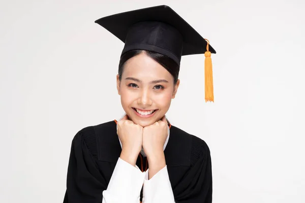 Beautiful Attractive Asian Woman Graduated Cap Gown Smile Proud Happiness — Stock Photo, Image