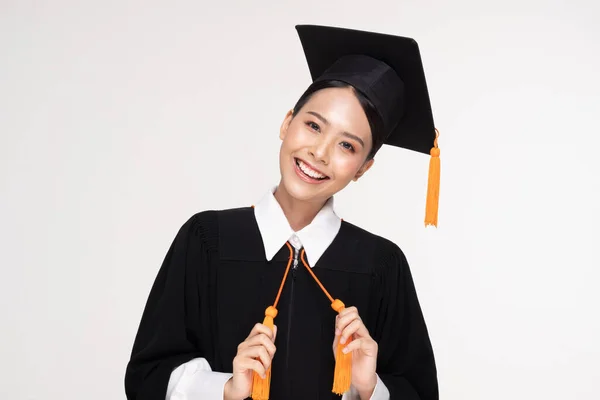 Beautiful Attractive Asian Woman Graduated Cap Gown Smile Proud Happiness — Stock Photo, Image