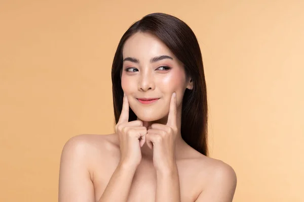 Beautiful Asian Young Woman Touching Soft Cheek Smile Clean Fresh — Stock Photo, Image