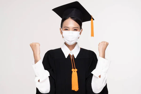 Attractive Asian Woman Graduated Cap Gown Wear Medical Mask Smile — Stock Photo, Image