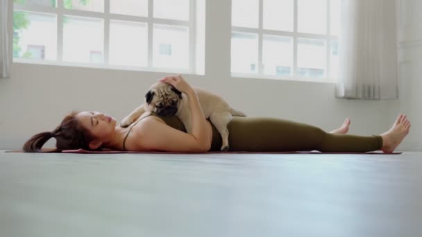 Woman Practice Yoga Dog Pug Breed Enjoy Relax Yoga Στο — Αρχείο Βίντεο