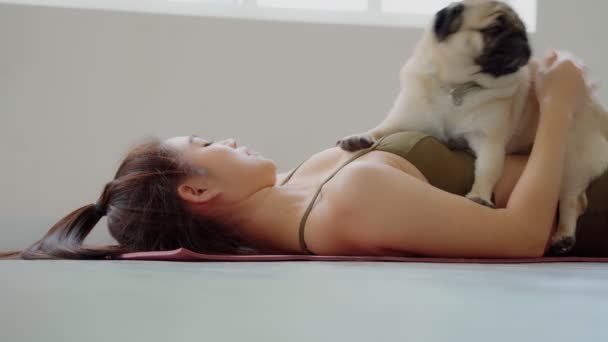 Женщина Практиковать Йогу Собакой Породы Мопса Наслаждаться Расслабиться Йогой Дома — стоковое видео
