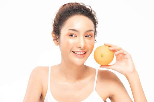 Beautiful Young Asian Woman Holding Orange Vitamin Smile Feeling Happy — Stock Photo, Image