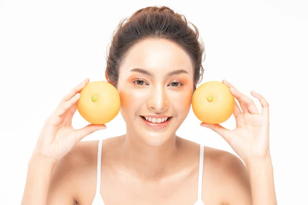 Vacker Ung Asiatisk Kvinna Håller Apelsin Vitamin Leende Känsla Glad — Stockfoto