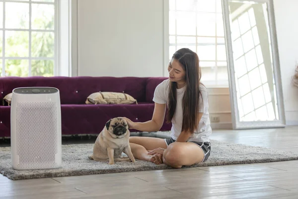 Woman playing with Dog Pug Breed and Air purifier in cozy white bed room for filter and cleaning removing dust PM2.5 HEPA in home,for fresh air and healthy life,Air Pollution Concept